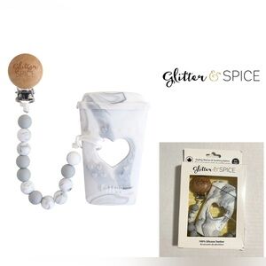 🆕GLITTER & SPICE - NWT - GREY MARBLE COFFEE SILICONE TEETHER / PACIFIER CLIP